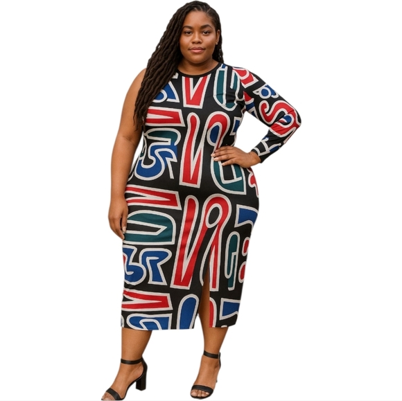 Eloquii Women's Plus Graphic One Sleeve Sheath Black White Red Dress Size 22 - Picture 1 of 6